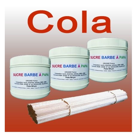 Lot de 3 pots de Sucre barbe à papa Cola 500g + 100 Bâtons