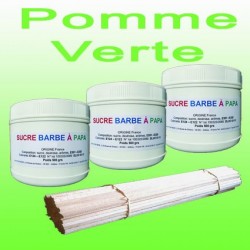 Lot de 3 pots de Sucre barbe à papa Pomme Verte 500g + 100 Bâtons