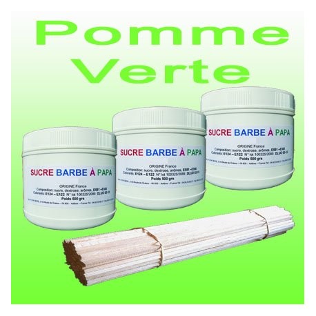 Lot de 3 pots de Sucre barbe à papa Pomme Verte 500g + 100 Bâtons