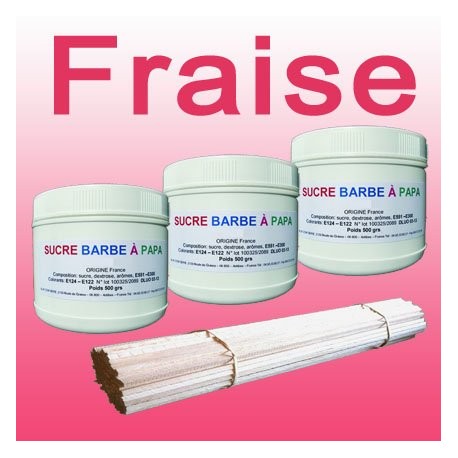 Lot de 3 pots de Sucre barbe à papa Fraise 500g + 100 Bâtons