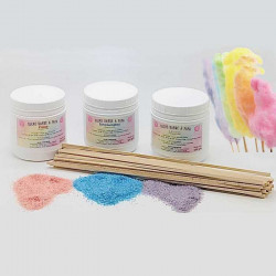 Sucre à barbe à papa lot de 3 X 450 g (Fraise - Schtroumpfou - Licorne) + 50 bâtons