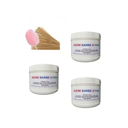 Pack de 3 Pots de 500 grs de sucre barbe à papa + 100 batons 30 cm