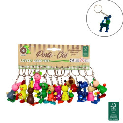 Lot 12 porte-clés animaux en bois articulés 8-9 cm